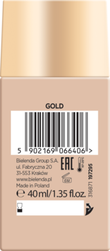 Bielenda podkład GOLD, 40ml, tył opakowania z kodem kreskowym i etykietą producenta, Made in Poland.