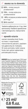 Tył opakowania fluidu Bielenda 25 ml. Widoczne informacje o redukcji przebarwień, skład i certyfikaty.