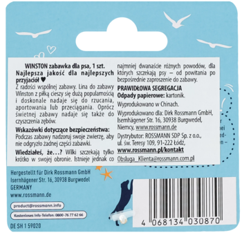 Tył niebieskiego opakowania kartonowej zabawki dla psa WINSTON z białym tekstem, kodem kreskowym i mewami.