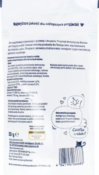 Tył białego opakowania przysmaku dentystycznego Winston 50g dla kotów, z czytelnym opisem i kodem kreskowym.