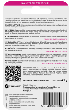 Tył opakowania balsamu do ust Tisane Classic Farmapol. Białe opakowanie z różowym paskiem, opis składu i kodu QR.