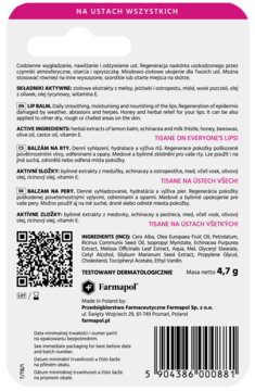 Tył opakowania balsamu do ust Tisane Classic Tubka 4,7g. Widać skład, kod kreskowy i info o działaniu, testowany dermatologicznie.