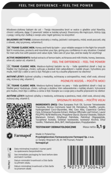 Tył czarnego opakowania balsamu do ust Farmapol miodowo-ziołowego, z tekstem, składem i QR kodem.