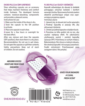 Widok fioletowych kapsułek Deo Pills do butów, skręconych, absorbujących wilgoć i dających świeży zapach.