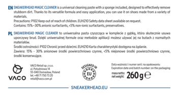 Tył opakowania SNEAKERHEAD MAGIC CLEANER z opisem produktu, składem i wagą netto 260g w językach EN i PL.