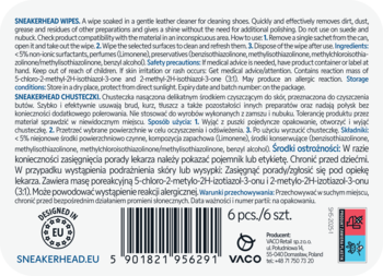 Tył białego opakowania chusteczek do obuwia Sneakerhead Wipes, z tekstem, kodem kreskowym i logo.