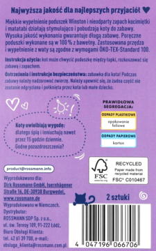 Dwie beżowe zabawki dla kota Winston z kocimiętką i matatabi: poduszki w kształcie serca i dymka.