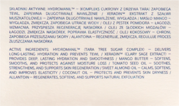 Lista aktywnych składników musu oczyszczającego Hhuumm na białym tle, m.in. Hydromanil, Xeradin.