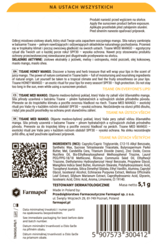 Tył opakowania balsamu do ust Tisane Miód Mango SPF 30, biały, z widoczną listą składników i QR kodem.