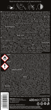 Tył czarnego impregnatu w sprayu 400ml do obuwia i odzieży, z białymi instrukcjami i symbolami ostrzegawczymi.