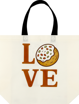 Torba na zakupy Eloy, kremowa z napisem LOVE, gdzie 'O' to pączek z kolorową posypką.