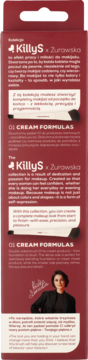 Czerwone opakowanie pędzla KillyS x Żurawska, widok boku z opisem formuły kremowej i wizerunkiem projektantki.