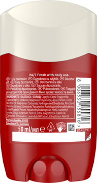 Tył czerwono-białego sztyftu dezodorantu Old Spice Gentle Coconut 50ml, widoczna lista składników i objętość.