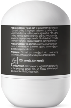 Medispirant bloker roll-on men, tył opakowania z czarno-białą etykietą i tekstem w języku polskim.