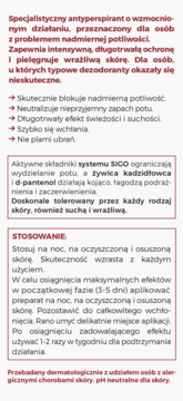 Ulotka antyperspirantu dla potliwości: opis, składniki (SICO, żywica kadzidłowca, d-panthenol), stosowanie.