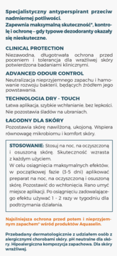 Opis antyperspirantu Aquaselin: tekst na ulotce o klinicznej ochronie, technologii dry-touch i hipoalergicznym składzie.