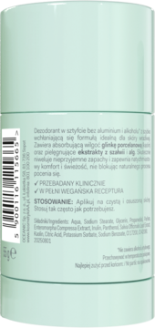 Tył jasnozielonego dezodorantu w sztyfcie bez aluminium, z listą składników i kodem kreskowym. Widoczne glinka i szałwia.