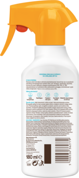 Tył butelki Kolastyna SPF 50, biały ochronny spray dla dzieci z pomarańczowym aplikatorem, 180 ml, widoczne etykiety.