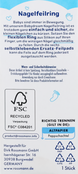 Front opakowania Babydream Nagelfeilring, białe z opisem silikonowego pierścienia do paznokci dla niemowląt.