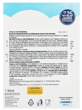 Tył białego opakowania produktu dla niemowląt, niebieskie chmury, '25 Jahre Vertrauen', niemieckie instrukcje.