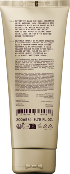 Tył beżowej tuby z odżywczą maską do włosów osłabionych, z ryżową wodą i ceramidami. Widoczne szczegóły składu.