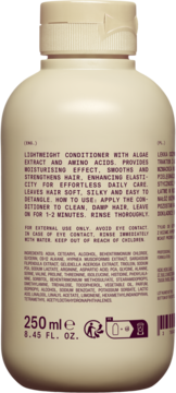 Tył beżowej butelki lekkiej odżywki z algami i aminokwasami, widoczne składniki, opis i instrukcje użycia.