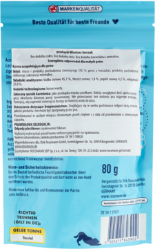 Tył jasnoniebieskiej saszetki karmy dla psów z kurczakiem, 80g. Widoczne szczegółowe informacje o składzie.