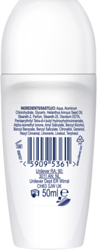 Tył białego dezodorantu Dove roll-on 50ml, widoczne składniki, kod kreskowy i dane Unilever.