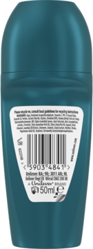 Tylna etykieta turkusowego dezodorantu roll-on Unilever 50ml, z listą składników, kodem kreskowym i logo.