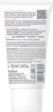 Farmona, kwasowy dezodorant z niacynamidem, tył białej tubki 50ml ze składem i opisem PL/ENG.