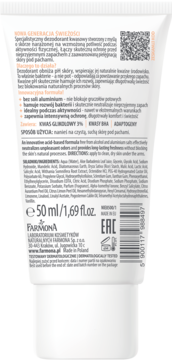 Tył białej tubki dezodorantu Farmona 50 ml z kwasem glikolowym, pełny opis produktu i składniki.