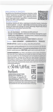 Tył białej tubki Farmona Naturalny Dezodorant Kwasowy z kwasem szikimowym, 50ml, widoczne szczegóły etykiety.