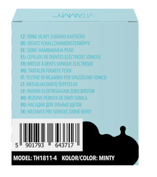 Tył opakowania Vitammy TH1811-4 Minty, główki szczoteczek sonicznych, z kodem kreskowym i opisem w wielu językach.