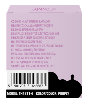 Fioletowe opakowanie Vitammy TH1811-4 wymiennych główek do szczoteczki sonicznej, widok z tyłu z opisami.