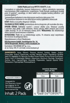 Tył opakowania Isana Płatki pod oczy Mystic Beauty z listą składników, instrukcjami i kodem kreskowym.