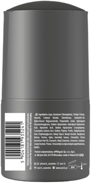 Tył szarego roll-onu antyperspirantu iCAN iC. Widoczna etykieta ze składem (m.in. Aluminum Chlorohydrate) i kodem kreskowym.