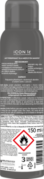 Tył szarego antyperspirantu w sprayu ICON 16 dla mężczyzn, z tekstem PL/EN, ostrzeżeniem i pojemnością 150 ml.