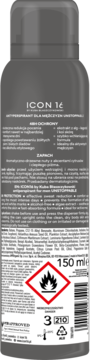 Tył szarej puszki antyperspirantu ICON 16 dla mężczyzn 150ml z informacjami o 48h ochronie i symbolem łatwopalności.