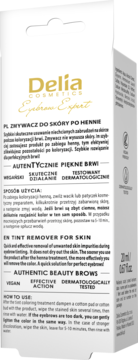 Tył opakowania Delia Eyebrow Expert zmywacza do skóry po hennie, białe, z tekstem w języku polskim i angielskim.