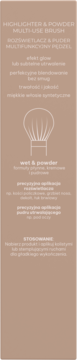 Pędzel do rozświetlacza i pudru, widok z przodu beżowego opakowania z grafiką pędzla i tekstem PL/ENG.