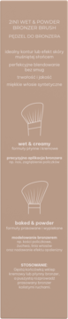 Grafika pędzla 2w1 do bronzera: info o końcówkach wet & powder, tekst PL o blendowaniu, ilustracje na beżu.