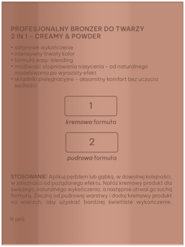 Opis profesjonalnego bronzera 2w1 Creamy & Powder na brązowym tle, cechy, użycie, formuła kremowa (1) i pudrowa (2).