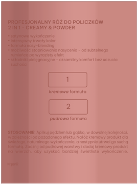 Profesjonalny róż do policzków 2w1, opis kremowej i pudrowej formuły na różowym tle, widok broszury.