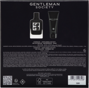 Tył czarnego pudełka zestawu Givenchy Gentleman Society z perfumami 60ml i żelem 75ml. Widoczne składy.