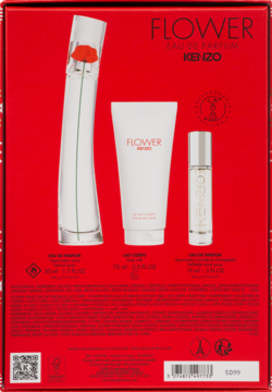 Tył czerwonego opakowania zestawu Kenzo Flower Eau de Parfum z perfumami, balsamem i atomizerem podróżnym.