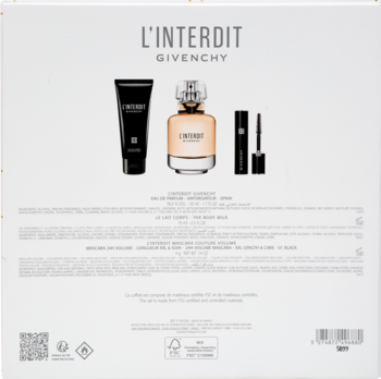 Tył białego opakowania zestawu prezentowego Givenchy L'Interdit z perfumami, balsamem i tuszem do rzęs.
