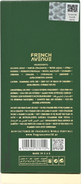 Tył zielonego opakowania perfum FRENCH AVENUE z listą składników, ostrzeżeniami, kodem kreskowym i QR.