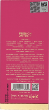 Tył różowego opakowania perfum French Avenue z listą składników, kodem kreskowym i ostrzeżeniami.