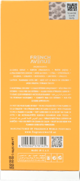 Tył perfum French Avenue An Equestrian Series Haydan, pomarańczowe opakowanie ze składnikami i kodami.