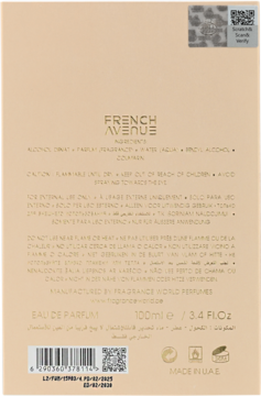 Tył beżowego opakowania perfum French Avenue 100ml, z nadrukowanymi informacjami o składzie i kodem kreskowym.